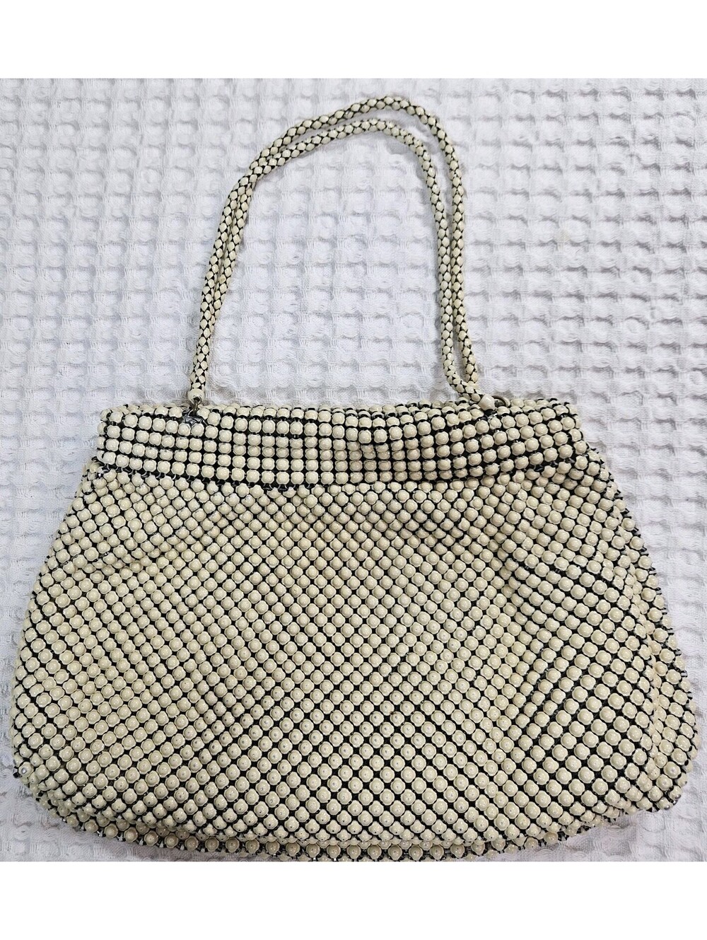Whiting and Davis Vintage Handbag Cream Mesh Alumesh Zip Closure